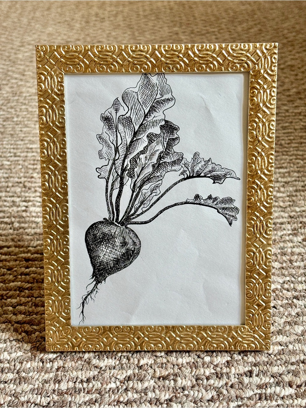 Hand Crafted Original Drawing Raddish Line Art in Gold Leafed Frame